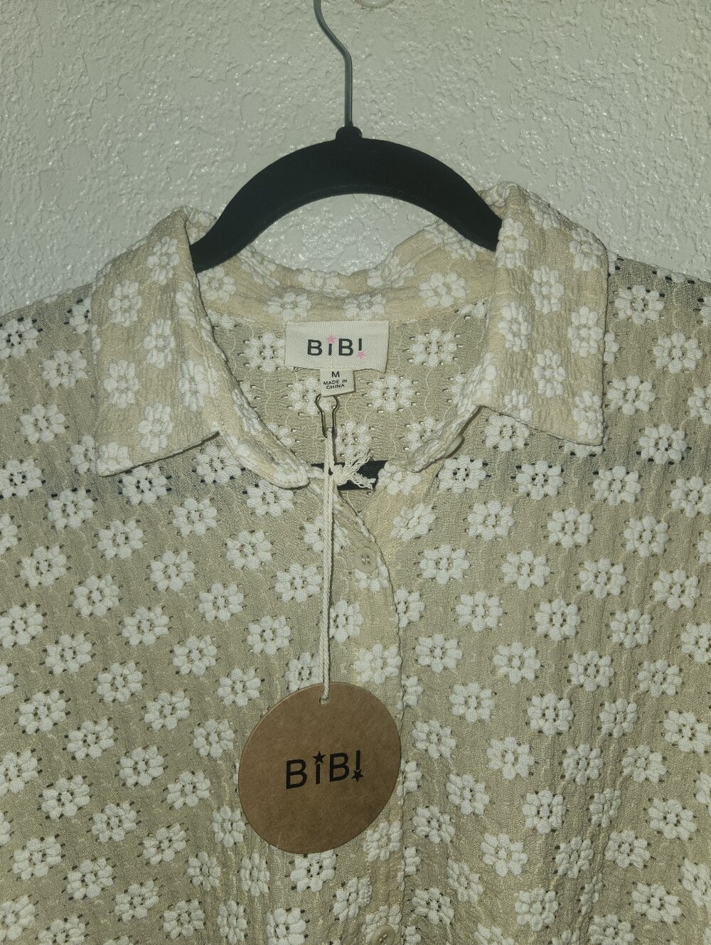 BiBi Light Beige Floral Eyelet Button-Down Shirt - Picture 3 of 9